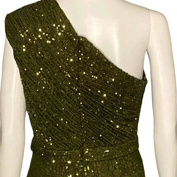 NWT Ieena for Mac Duggal 26694 Olive Sequined Ruched One Shoulder Gown - Sz 8 - Picture 8 of 12